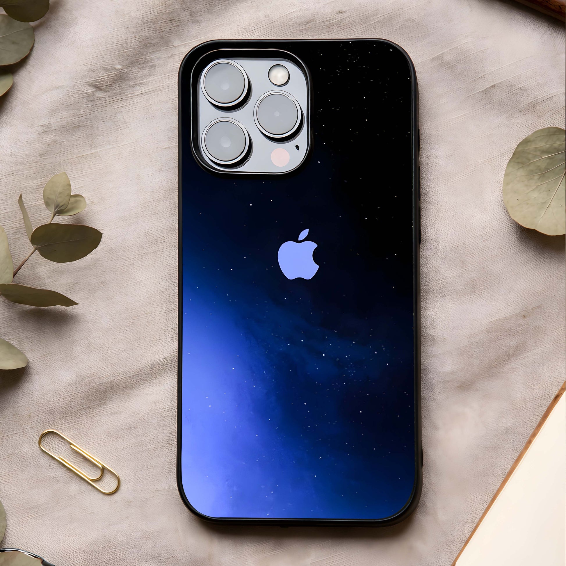 Cosmic Blue Apple Glass Case showing full back design in clean flat view with cosmic apple art and glossy glass finish.