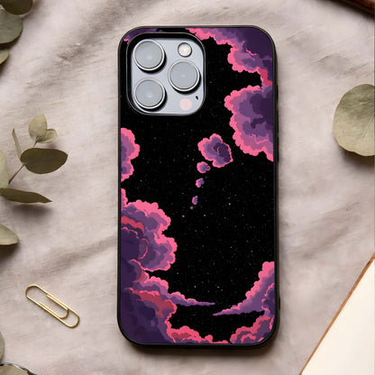 Cosmic Cloud Journey Glass Case showing full back design in clean flat view with floating cloud scenery and glossy glass finish.