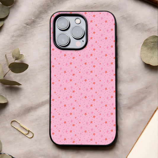 Cosmic Pink Sparkle Glass Case showing full back design in clean flat view with pink cosmic sparkles and glossy glass finish.