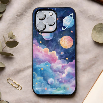 Cosmic Planet Dreams Glass Case showing full back design in clean flat view with dreamy planet visuals and glossy glass finish.
