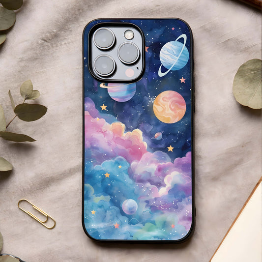 Cosmic Planet Dreams Glass Case showing full back design in clean flat view with dreamy planet visuals and glossy glass finish.