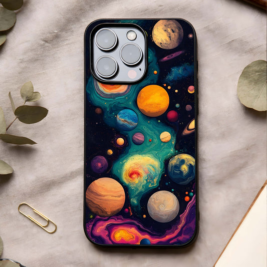 Cosmic Planet Journey Glass Case showing full back design in clean flat view with space-travel art and glossy glass finish.