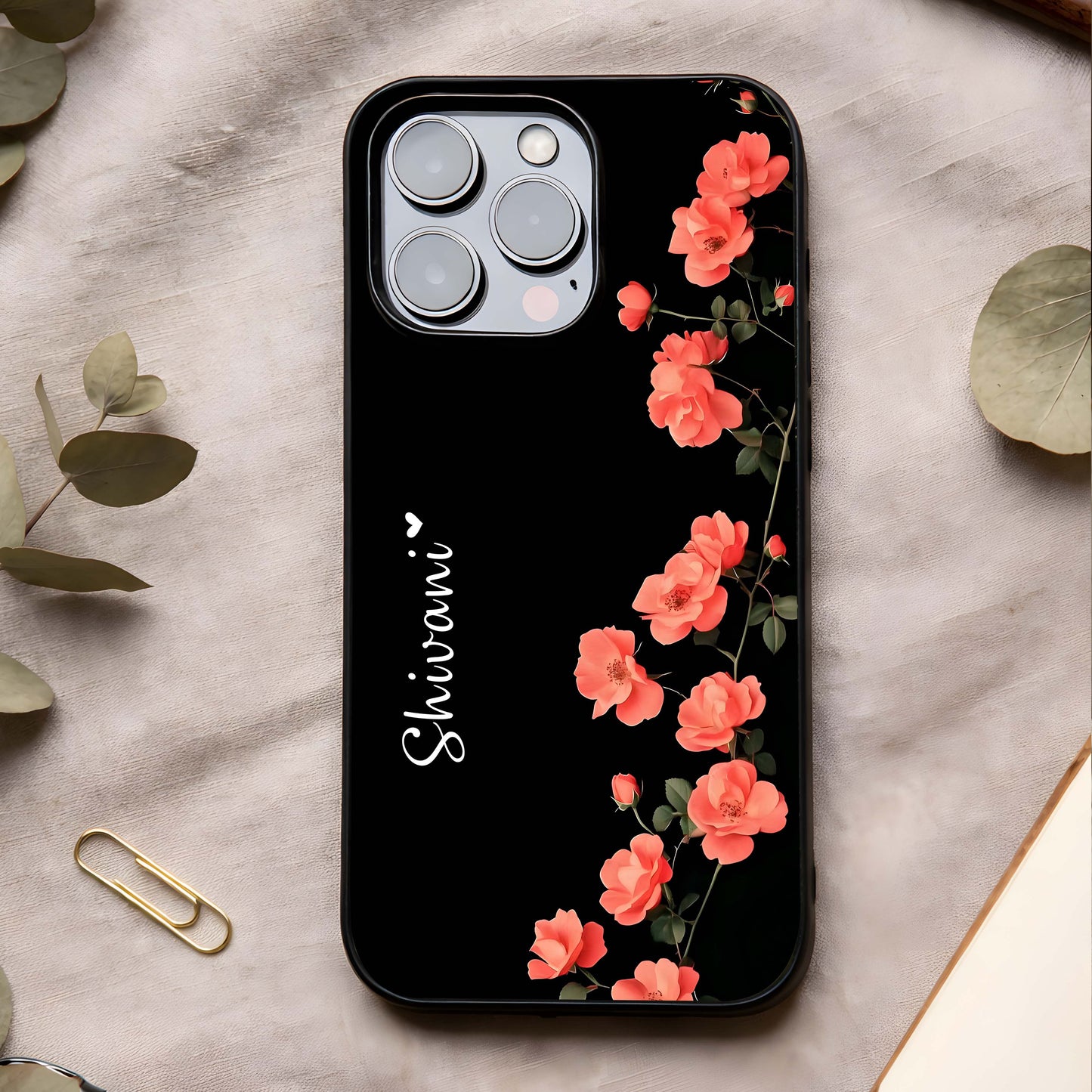 Crimson Bloom Grace Custom Name Glass Case showing full back design in clean flat view with elegant floral art and glossy glass finish.