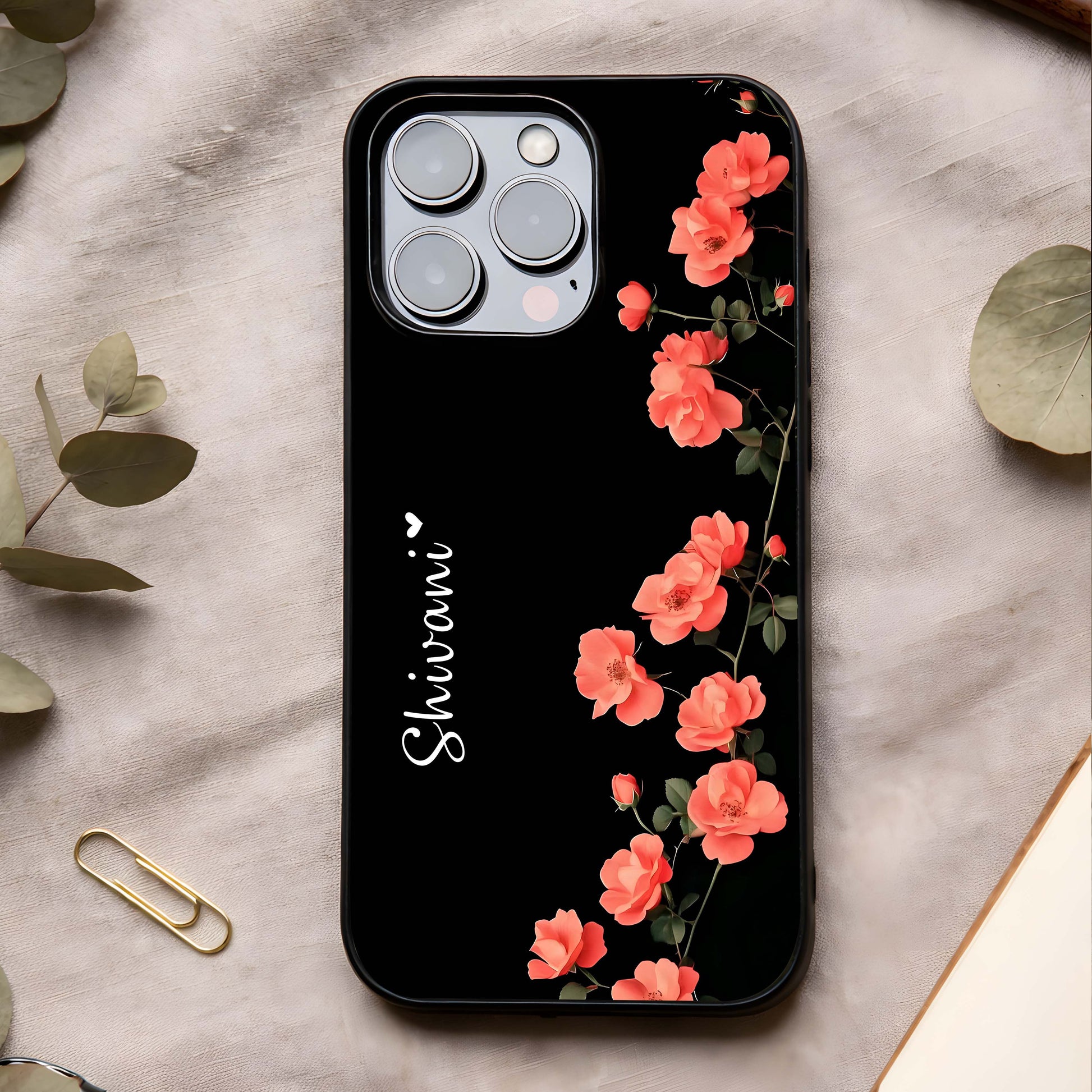 Crimson Bloom Grace Custom Name Glass Case showing full back design in clean flat view with elegant floral art and glossy glass finish.