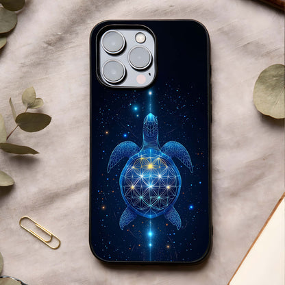 Crimson Blue Turtle Glass Case showing full back design in clean flat view with dual-tone turtle art and glossy glass finish.