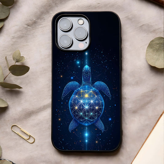 Crimson Blue Turtle Glass Case showing full back design in clean flat view with dual-tone turtle art and glossy glass finish.