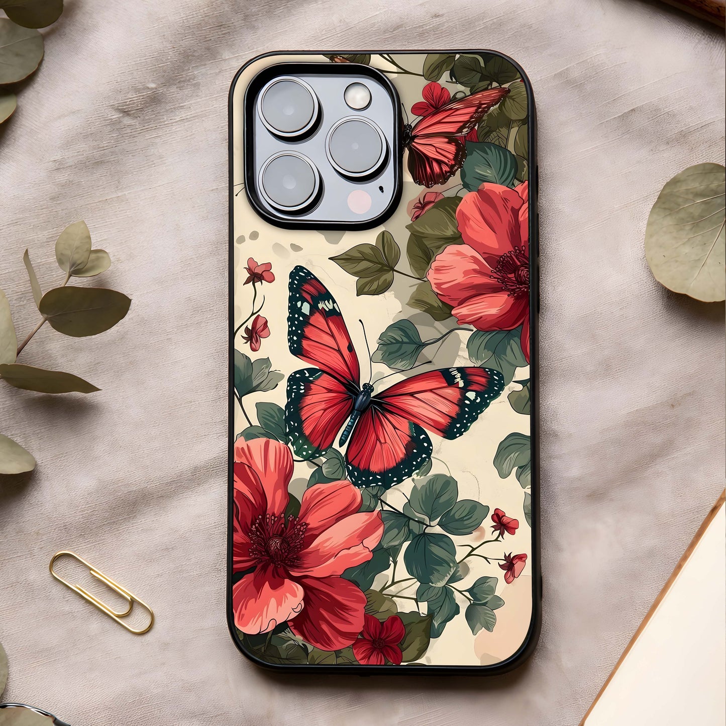 Crimson Butterfly Garden Glass Case showing full back design in clean flat view with rich butterfly florals and glossy glass finish.