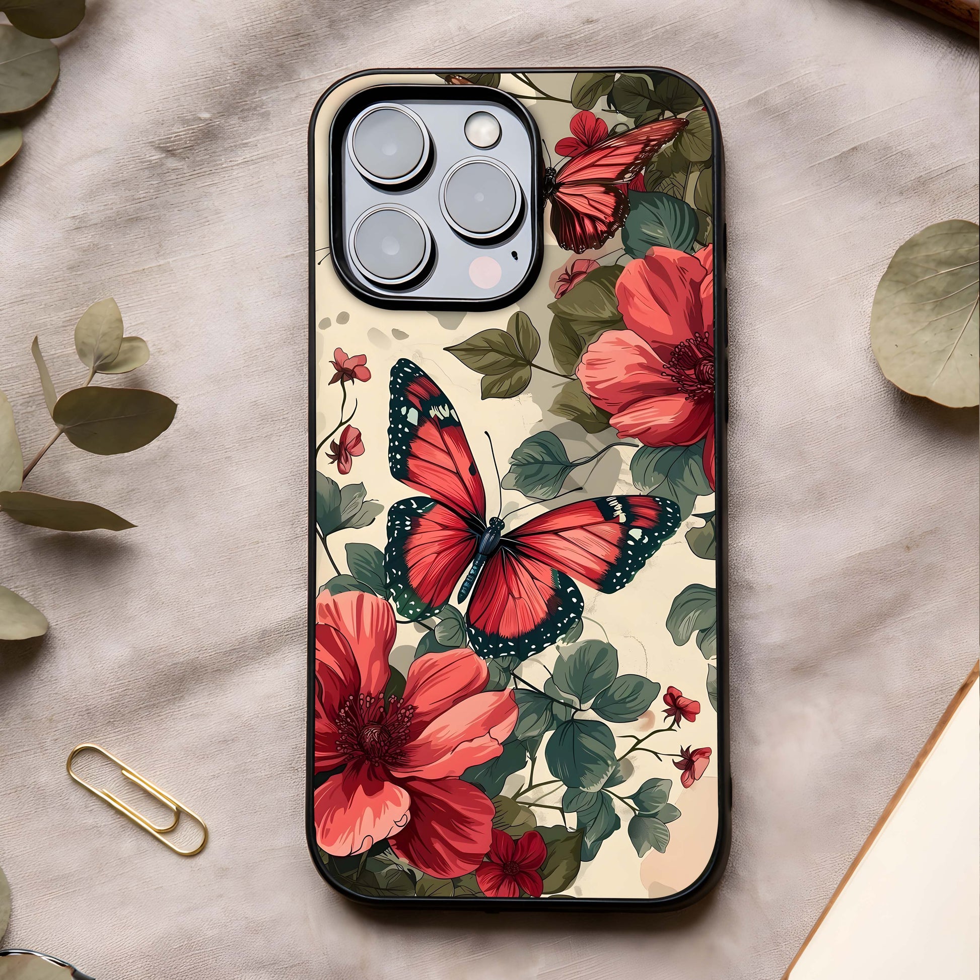 Crimson Butterfly Garden Glass Case showing full back design in clean flat view with rich butterfly florals and glossy glass finish.
