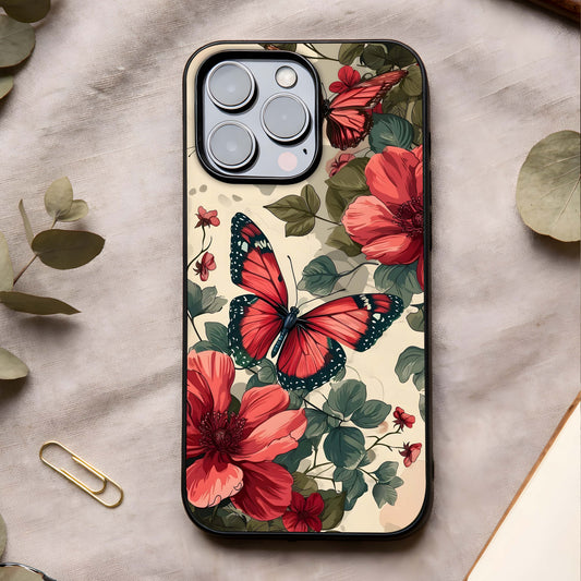 Crimson Butterfly Garden Glass Case showing full back design in clean flat view with rich butterfly florals and glossy glass finish.