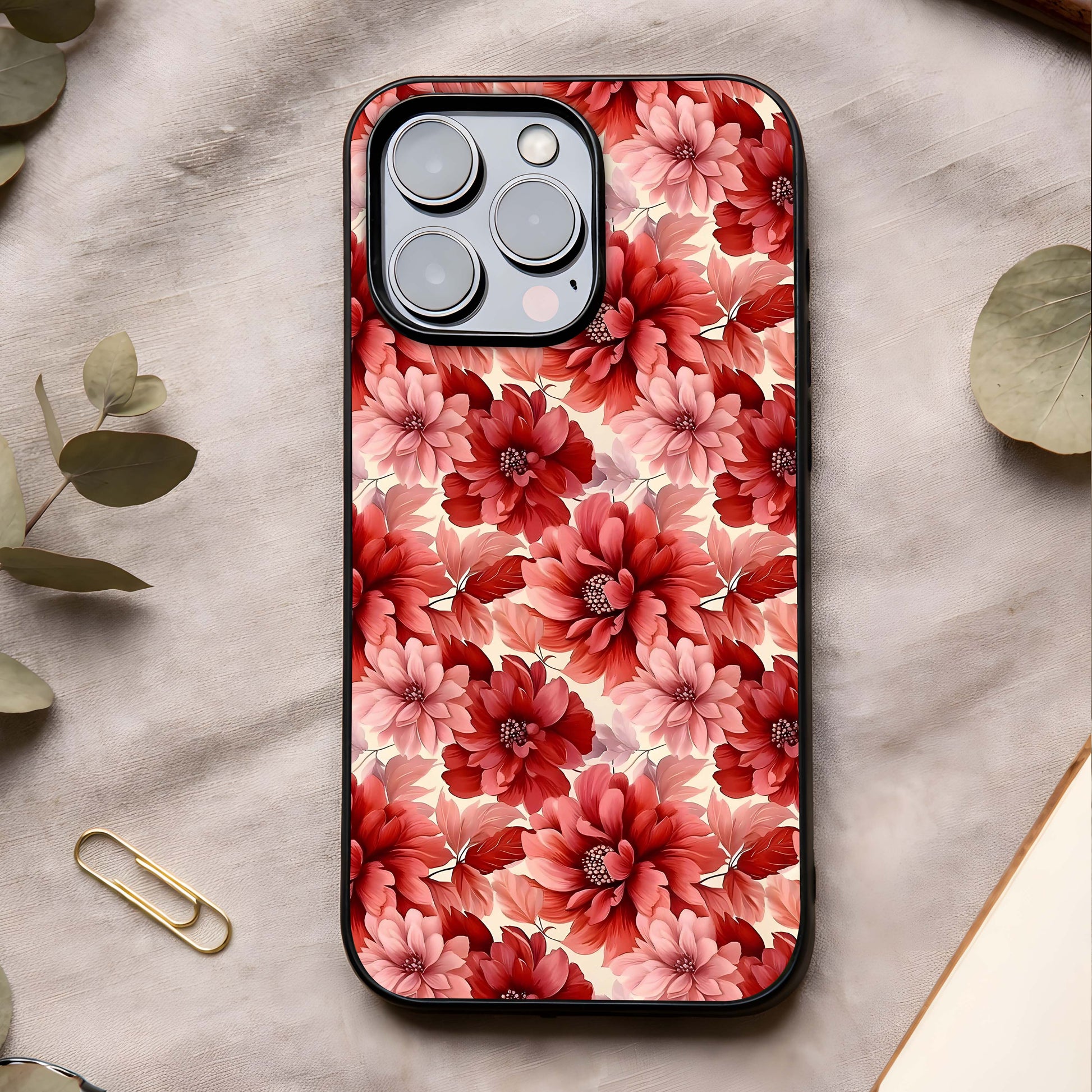 Crimson Love Petals Glass Case showing full back design in clean flat view with romantic petal art and glossy glass finish.