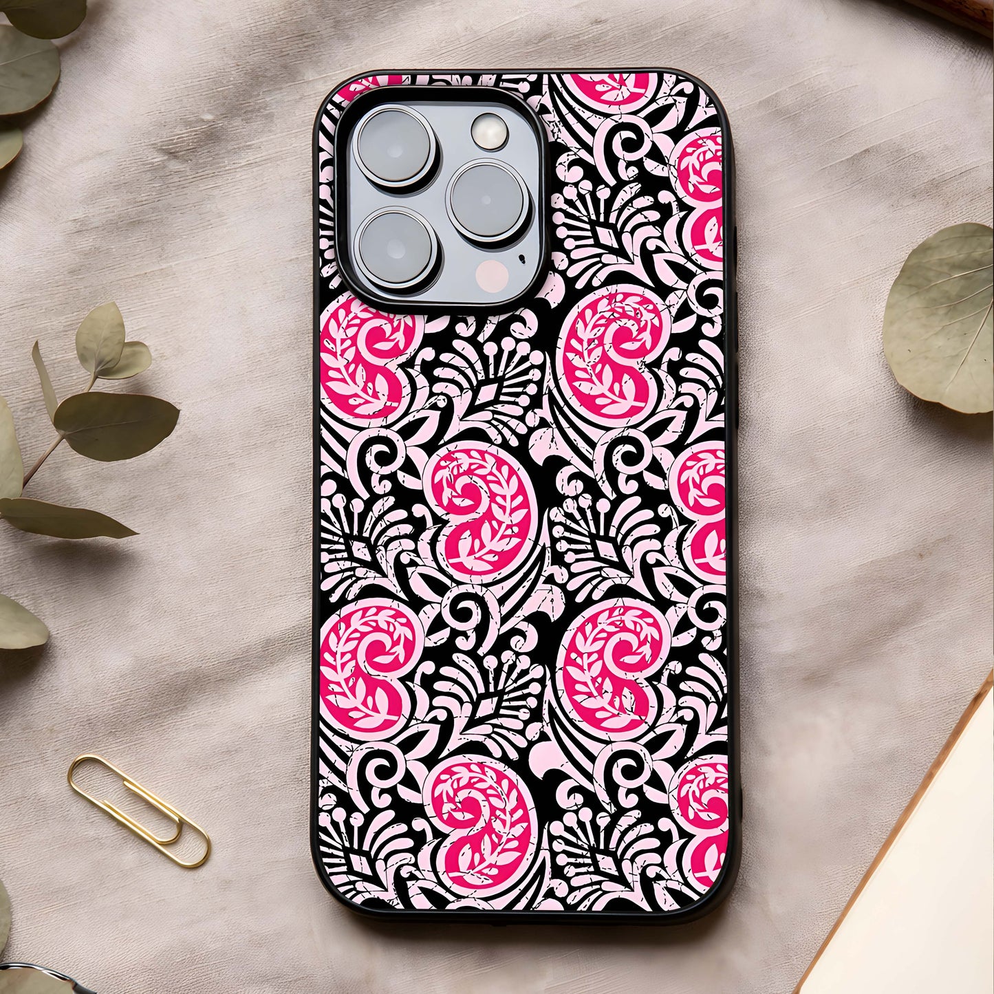 Crimson Paisley Charm Glass Case showing full back design in clean flat view with intricate paisley motifs and glossy glass finish.