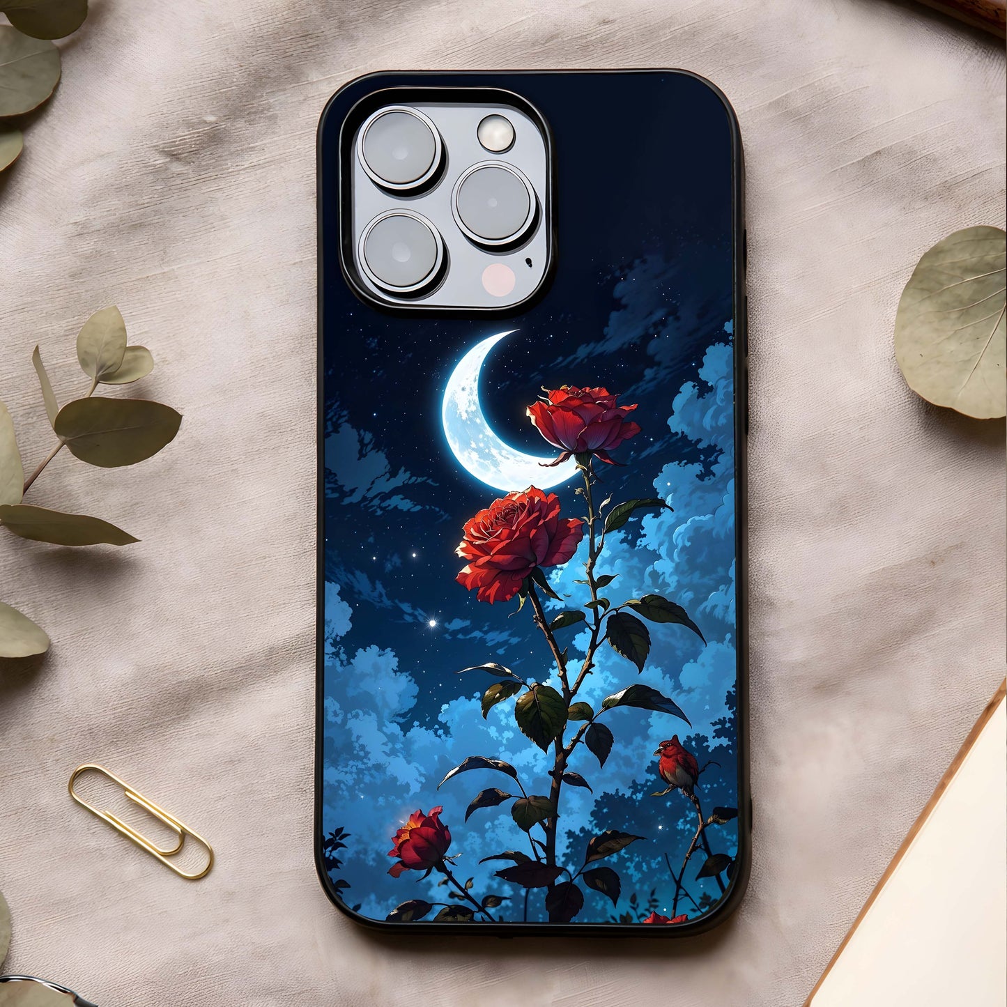 Crimson Rose Moon Glass Case showing full back design in clean flat view with rose-lunar artwork and glossy glass finish.