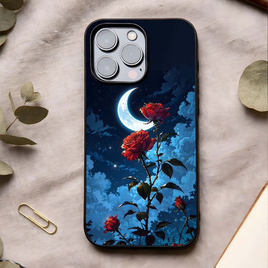 Crimson Rose Moon Glass Case showing full back design in clean flat view with rose-lunar artwork and glossy glass finish.