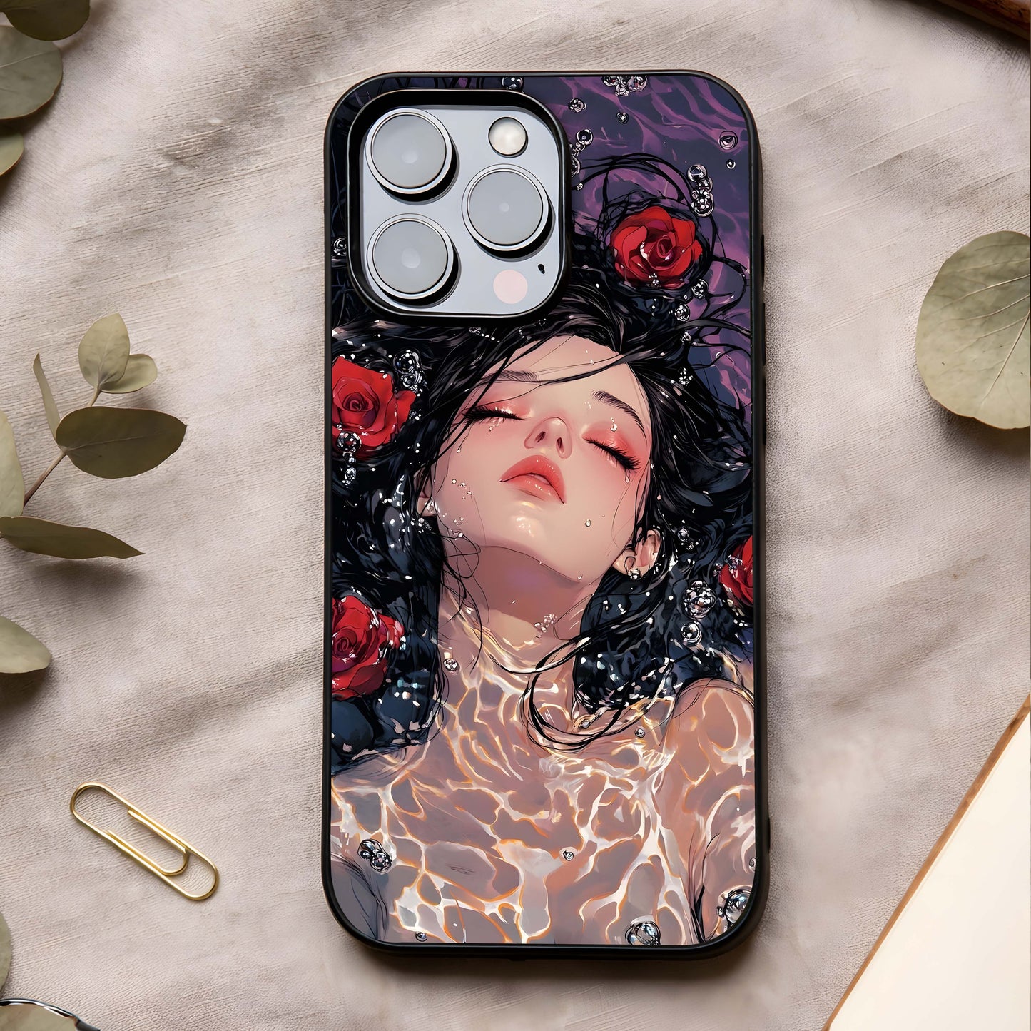 Crimson Rose Serenity Glass Case showing full back design in clean flat view with calm rose florals and glossy glass finish.