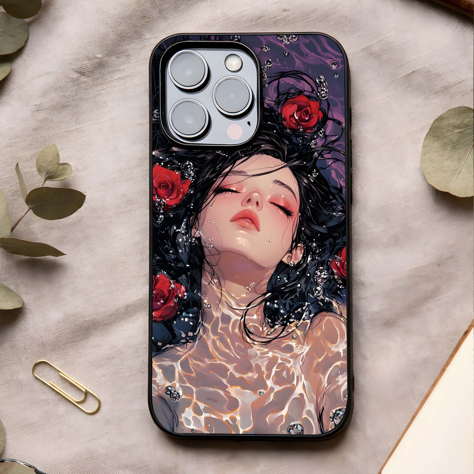 Crimson Rose Serenity Glass Case showing full back design in clean flat view with calm rose florals and glossy glass finish.