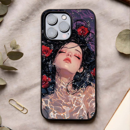 Crimson Rose Serenity Glass Case showing full back design in clean flat view with calm rose florals and glossy glass finish.