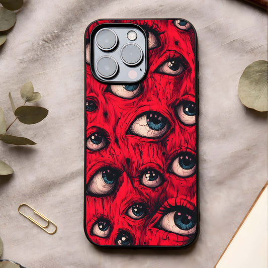 Crimson Watch Eyes Glass Case showing full back design in clean flat view with striking eye artwork and glossy glass finish.