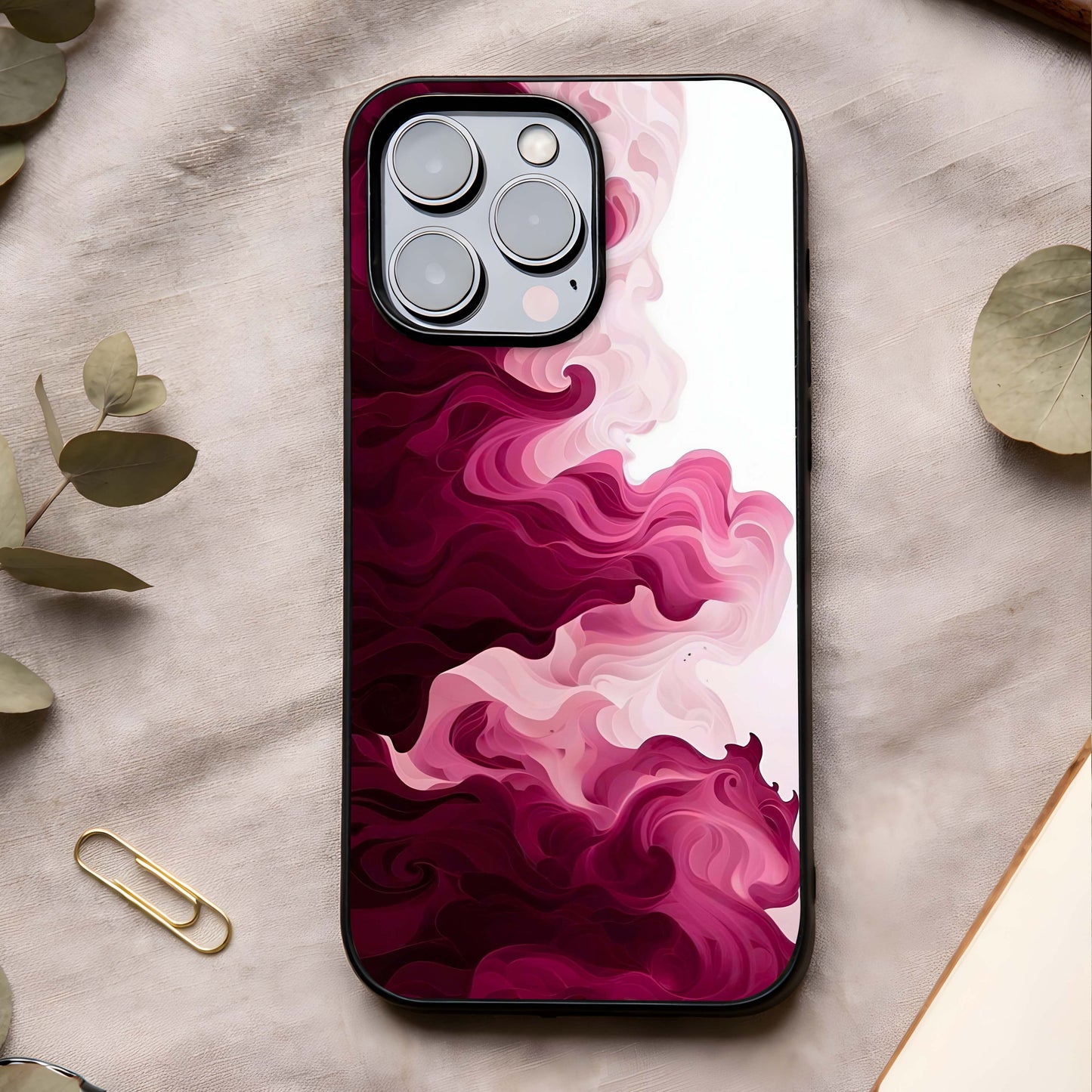 Crimson Wave Flow Glass Case showing full back design in clean flat view with flowing wave patterns and glossy glass finish.