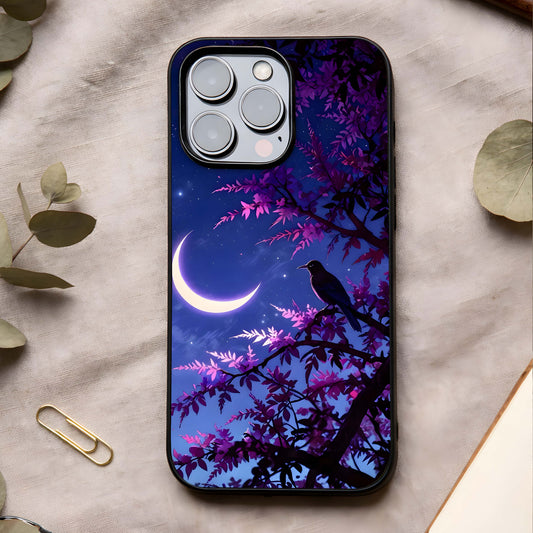 Crow & Moon Scenery Glass Case showing full back design in clean flat view with moody night scenery and glossy glass finish.