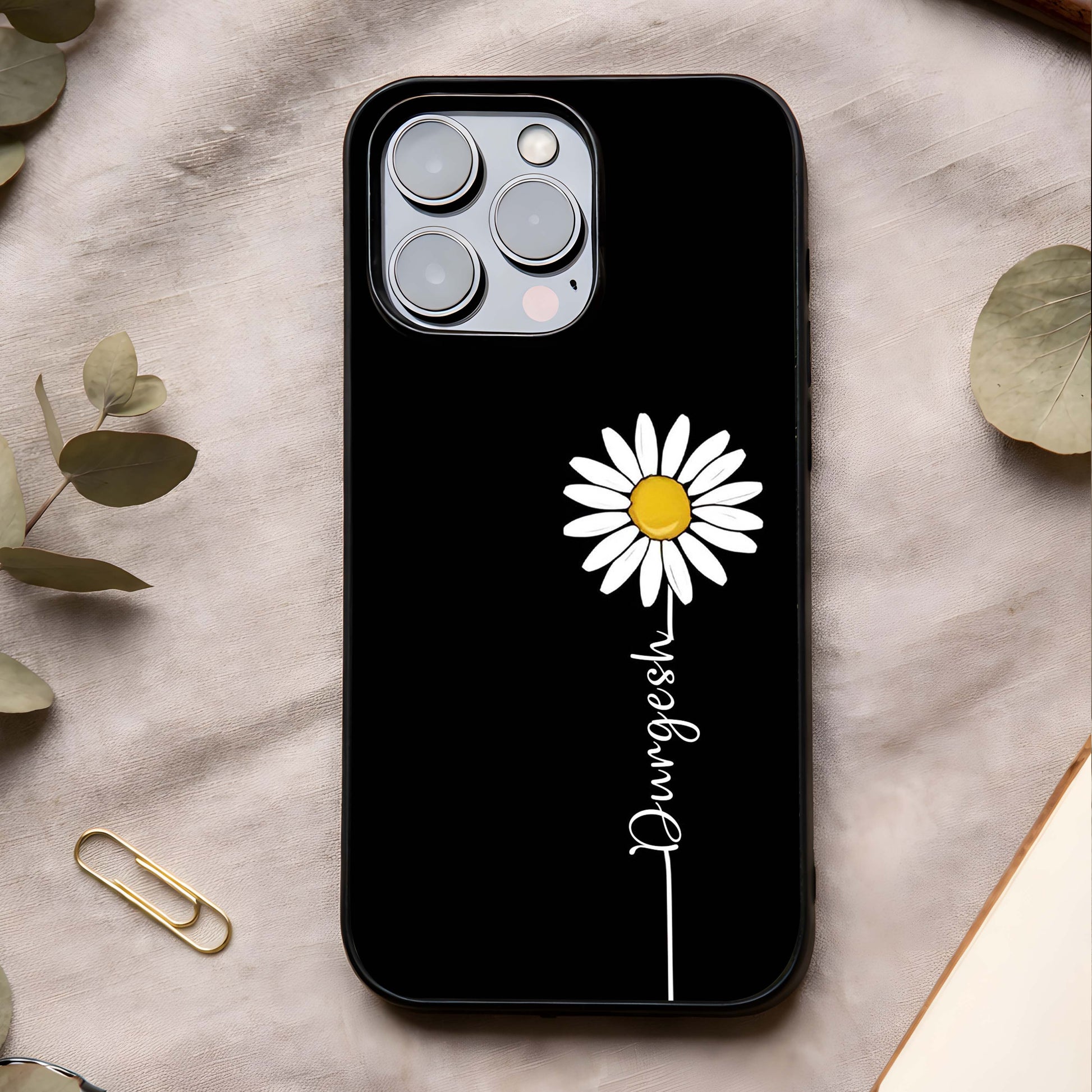 Custom Name White Flower Glass Case showing full back design in clean flat view with elegant white florals and glossy glass finish.