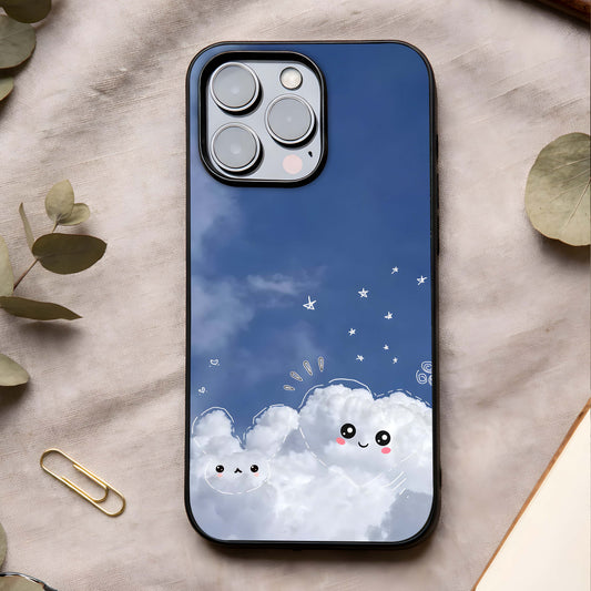 Cute Blossom Cloud Glass Case showing full back design in clean flat view with cute cloud florals and glossy glass finish.