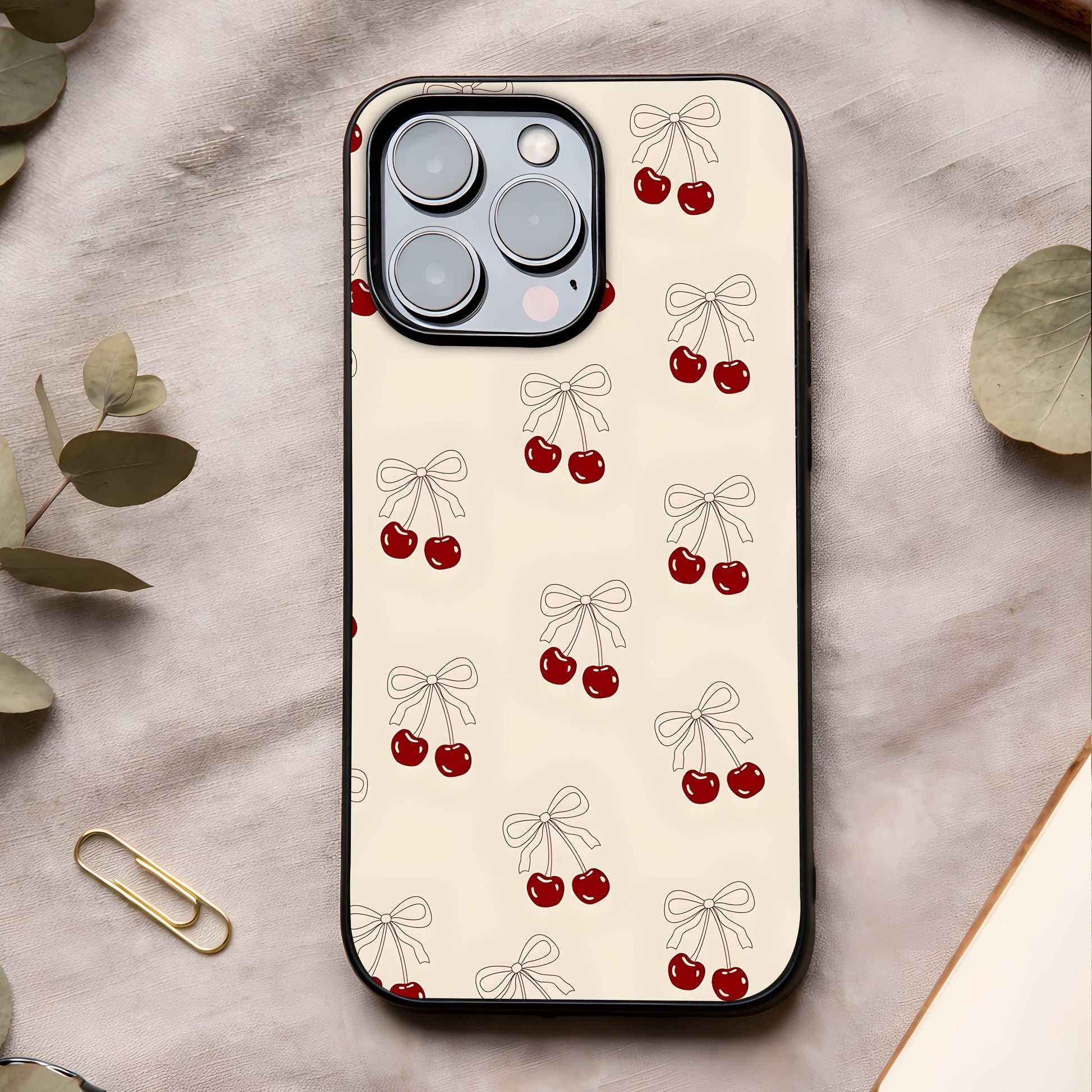 Cute Cherry Pattern Glass Case showing full back design in clean flat view with repeating cherry motifs and glossy glass finish.