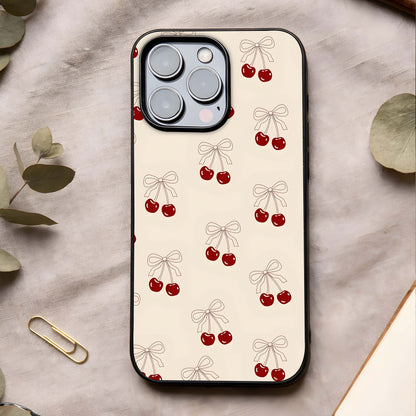 Cute Cherry Pattern Glass Case showing full back design in clean flat view with repeating cherry motifs and glossy glass finish.