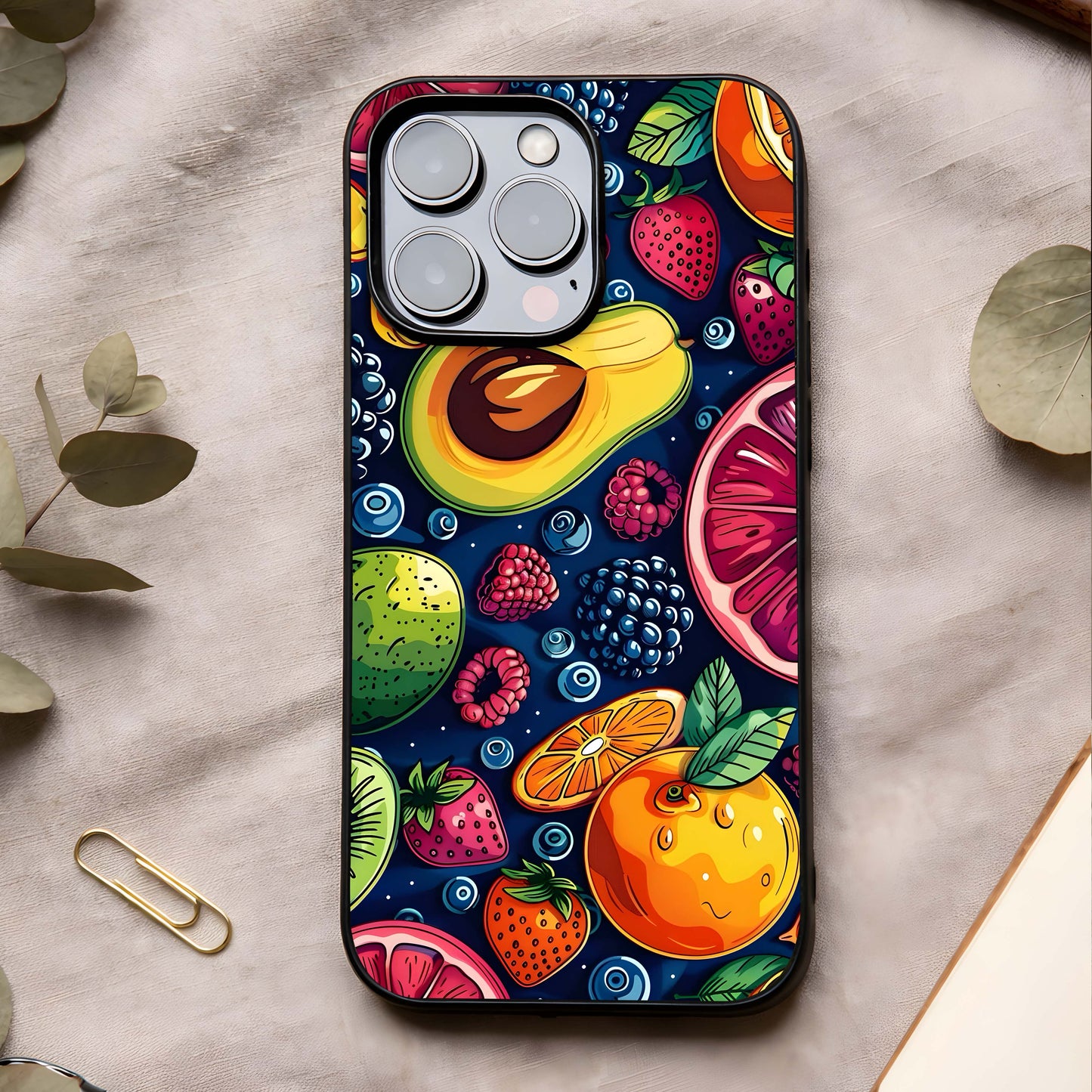 Cute Fruits Art Glass Case showing full back design in clean flat view with playful fruit illustrations and glossy glass finish.