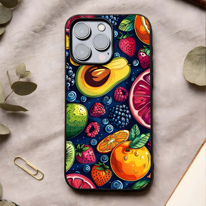 Cute Fruits Art Glass Case showing full back design in clean flat view with playful fruit illustrations and glossy glass finish.