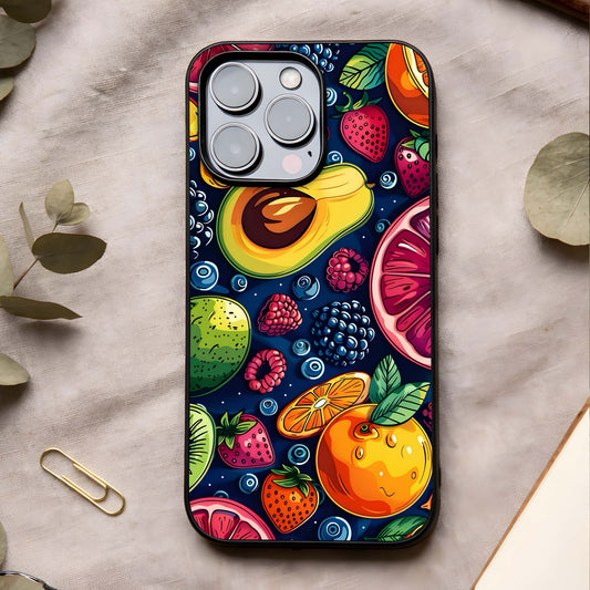 Cute Fruits Art Glass Case showing full back design in clean flat view with playful fruit illustrations and glossy glass finish.