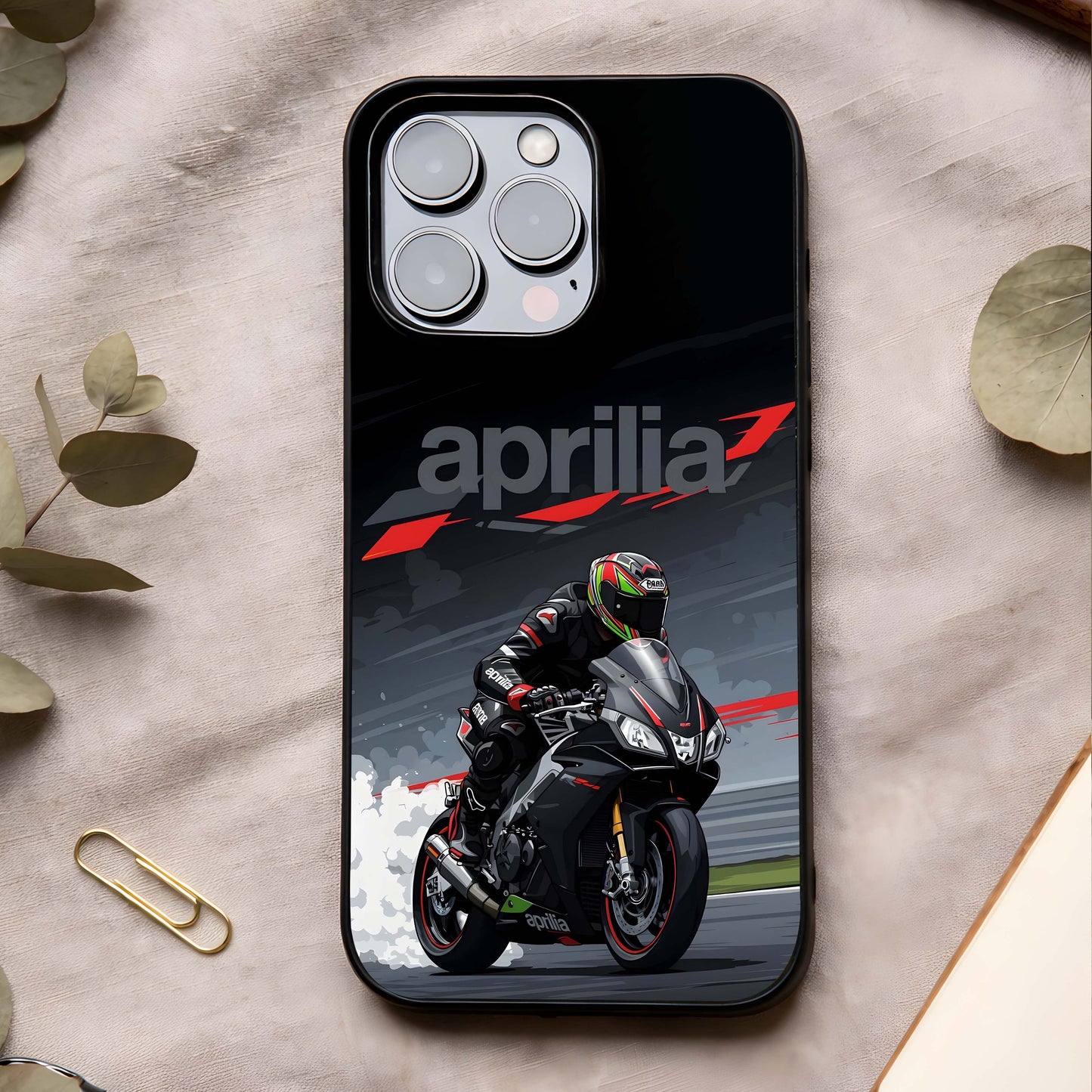 Dark Aprilla Glass Case showing full back design in clean flat view with dark aesthetic tones and glossy glass finish.
