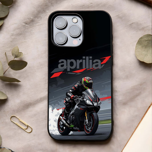Dark Aprilla Glass Case showing full back design in clean flat view with dark aesthetic tones and glossy glass finish.