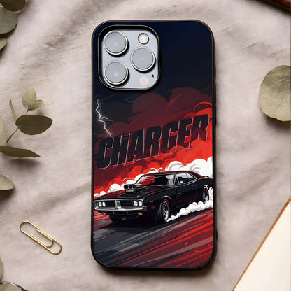 Dark Charger Fury Glass Case showing full back design in clean flat view with aggressive performance styling and glossy glass finish.