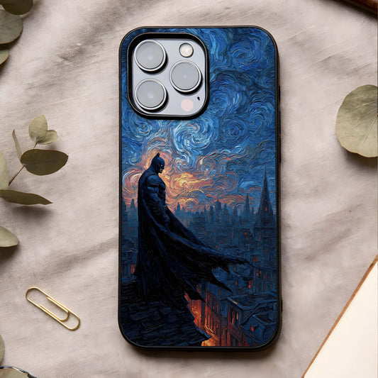 Dark Knight Dusk Glass Case showing full back design in clean flat view with dusk-themed heroic art and glossy glass finish.