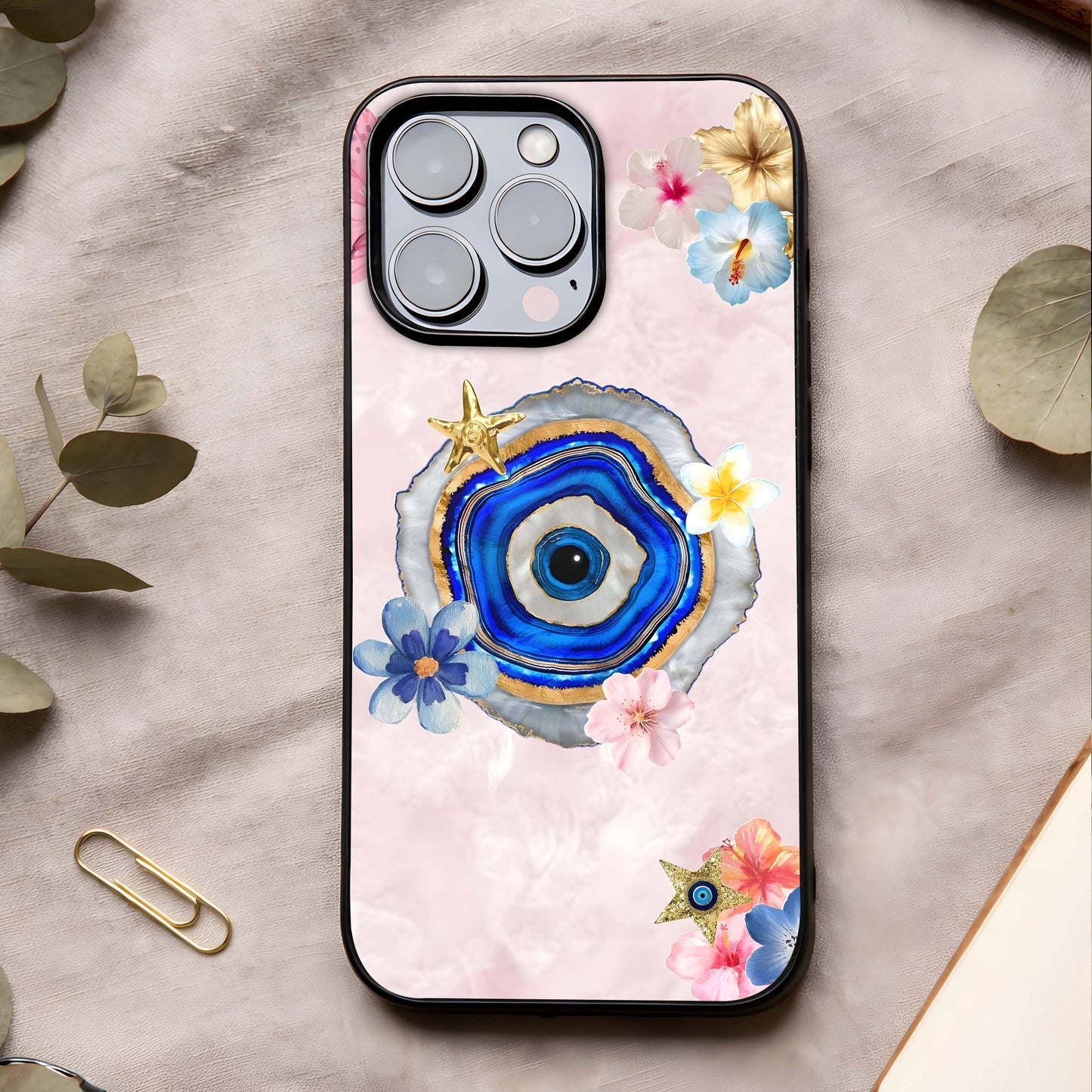 Divine Aura Bloom Glass Case showing full back design in clean flat view with radiant spiritual florals and glossy glass finish.