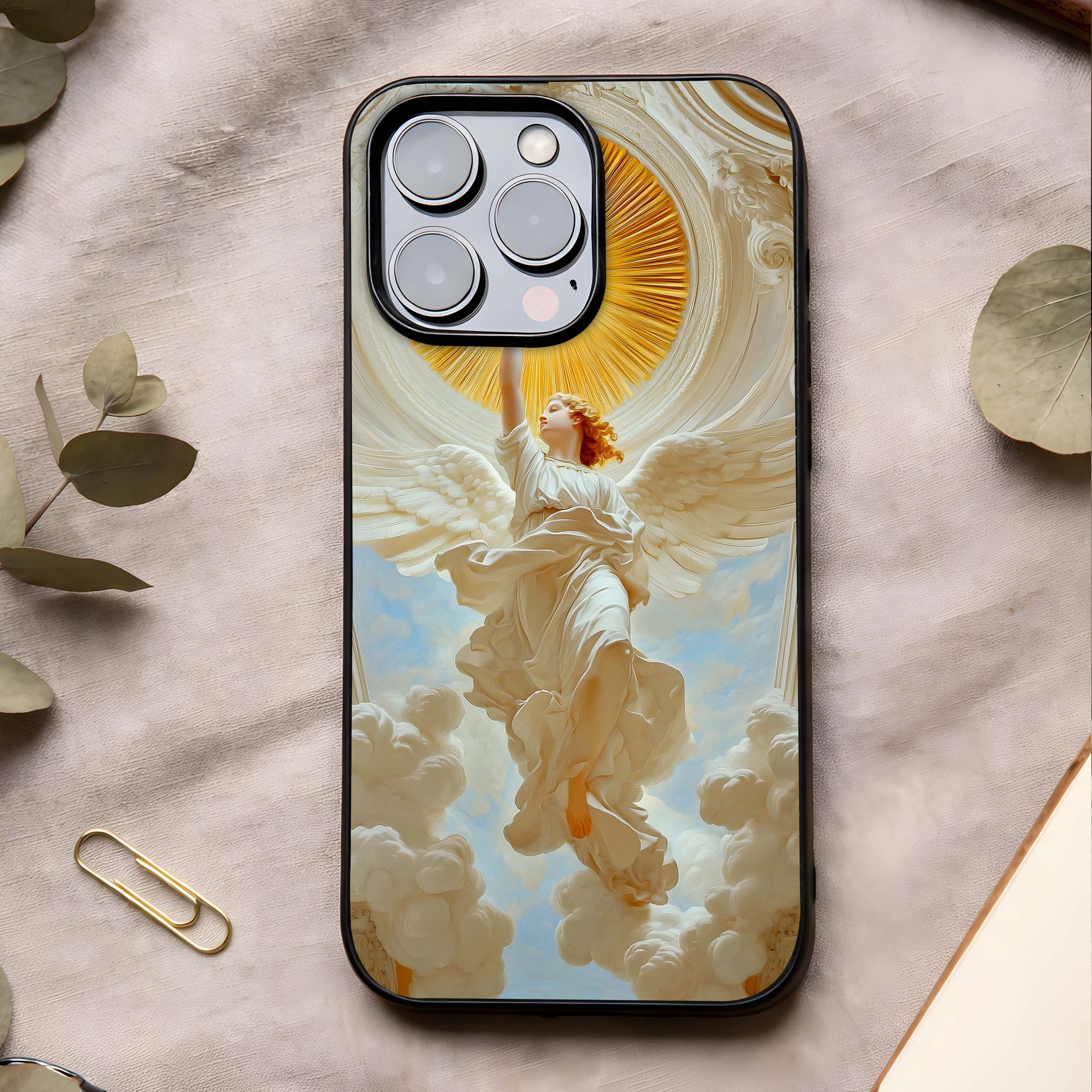 Divine Light Angel Glass Case showing full back design in clean flat view with serene angel art and glossy glass finish.