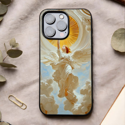 Divine Light Angel Glass Case showing full back design in clean flat view with serene angel art and glossy glass finish.