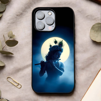 Divine Moon Flute Glass Case showing full back design in clean flat view with moonlit divine art and glossy glass finish.