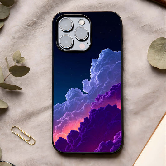 Dreamy Cloud Skies Glass Case showing full back design in clean flat view with soft cloud layers and glossy glass finish.