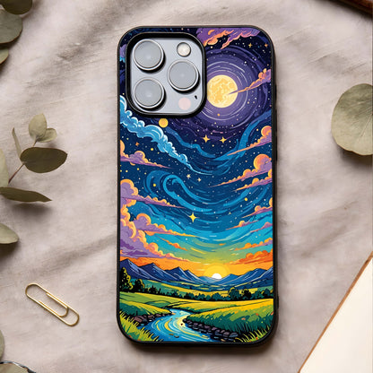 Dreamy Night Landscape Glass Case showing full back design in clean flat view with night scenery and glossy glass finish.