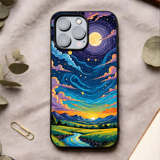 Dreamy Night Landscape Glass Case showing full back design in clean flat view with night scenery and glossy glass finish.