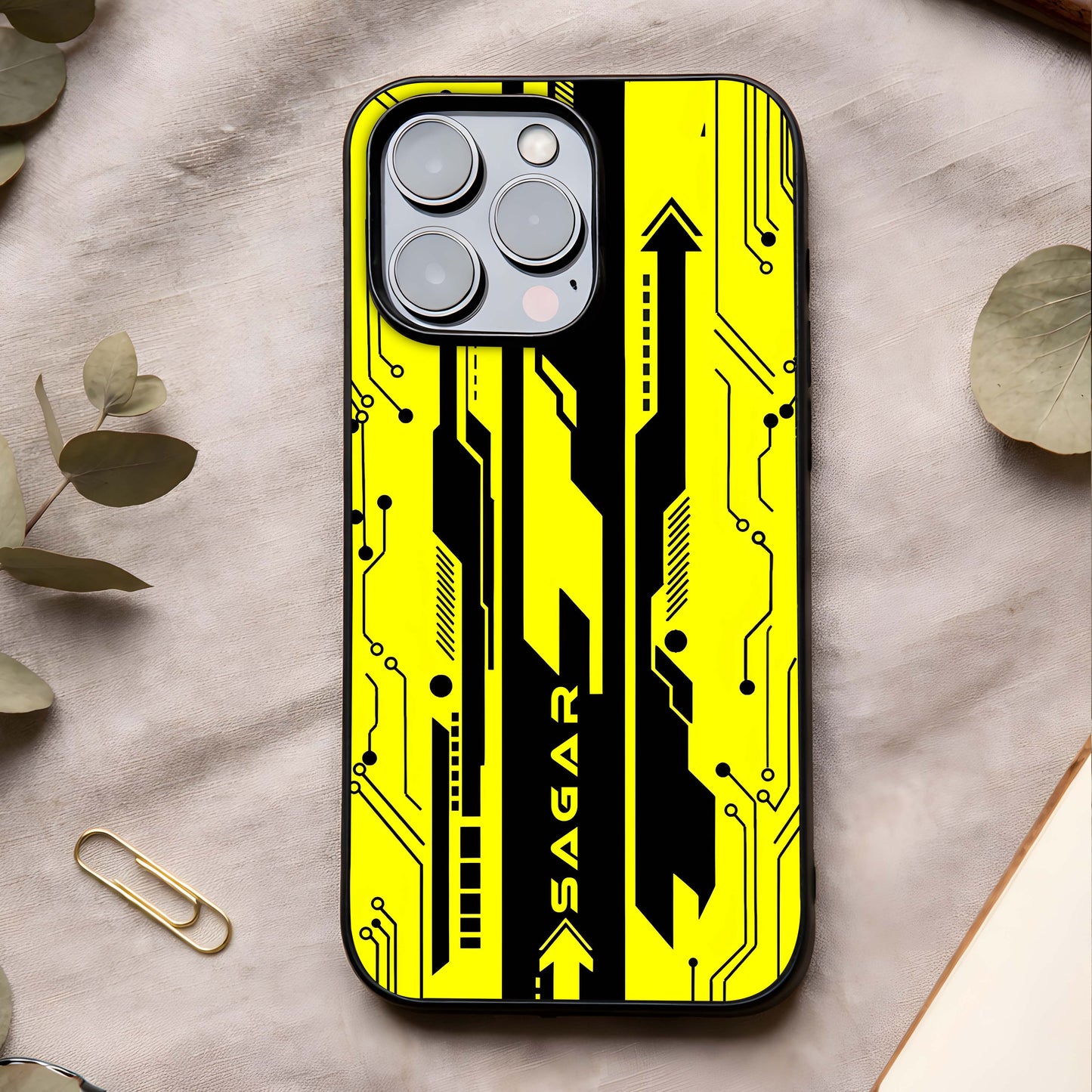 Electric Pulse Cyberpunk Custom Name Glass Case showing full back design in clean flat view with electric cyber detailing and glossy glass finish.