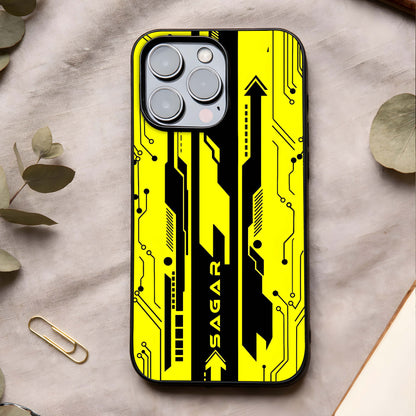 Electric Pulse Cyberpunk Custom Name Glass Case showing full back design in clean flat view with electric cyber detailing and glossy glass finish.