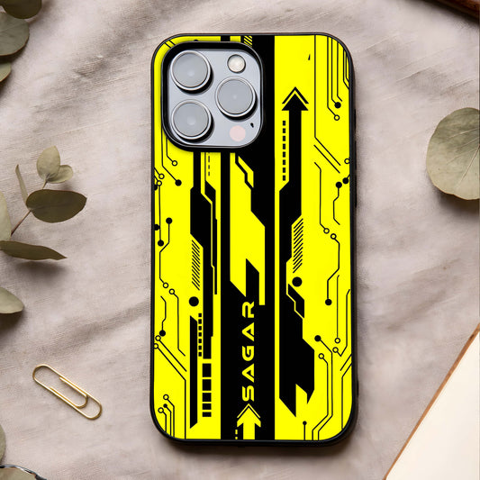 Electric Pulse Cyberpunk Custom Name Glass Case showing full back design in clean flat view with electric cyber detailing and glossy glass finish.