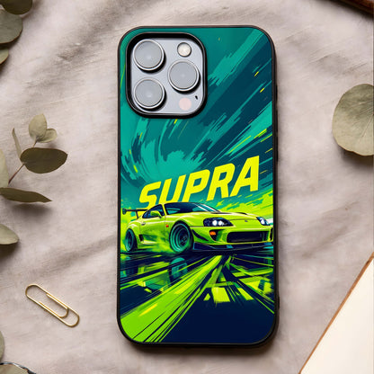 Electric Supra Thunder Glass Case showing full back design in clean flat view with electric performance art and glossy glass finish.