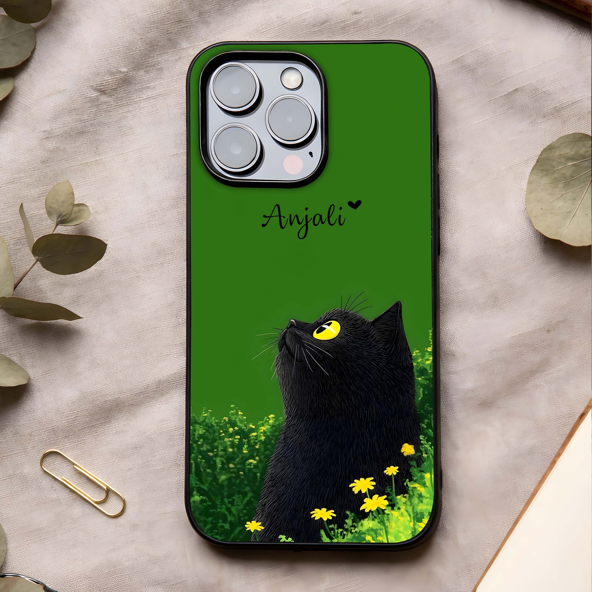 Emerald Cat Custom Name Glass Case showing full back design in clean flat view with emerald tones and glossy glass finish.
