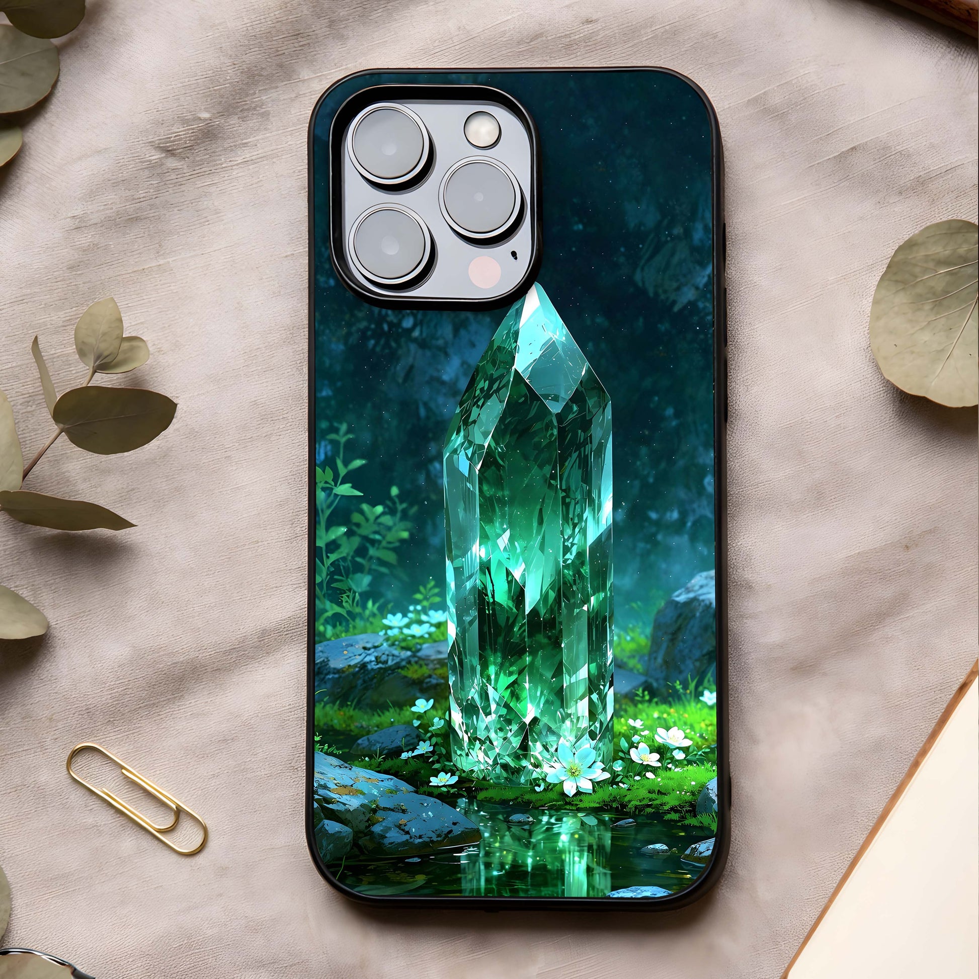 Emerald Light Crystal Glass Case showing full back design in clean flat view with crystal light effects and glossy glass finish.