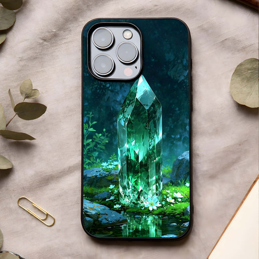 Emerald Light Crystal Glass Case showing full back design in clean flat view with crystal light effects and glossy glass finish.
