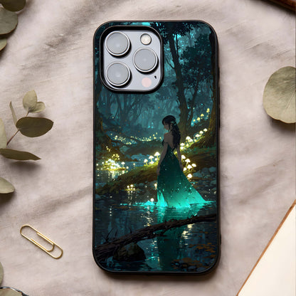 Enchanted Forest Glow Glass Case showing full back design in clean flat view with glowing forest art and glossy glass finish.