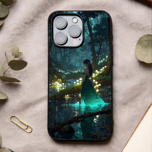 Enchanted Forest Glow Glass Case showing full back design in clean flat view with glowing forest art and glossy glass finish.